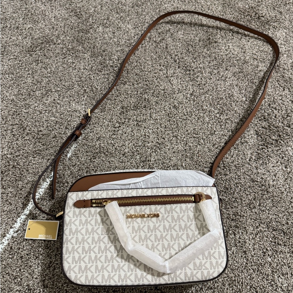 Michael Kors White and Tan MK Pattern Crossbody Bag